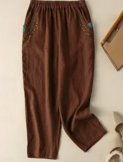 Outlet Women's Cotton Linen Pants Chinos Fashion Basic Full Length High Waist Floral Embroidered Comfort Outdoor Micro-elastic Vacation Street Daily White Yellow Apricot Coffee Summer Spring Fall Regular Fit Women Pants