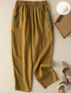 Outlet Women's Cotton Linen Pants Chinos Fashion Basic Full Length High Waist Floral Embroidered Comfort Outdoor Micro-elastic Vacation Street Daily White Yellow Apricot Coffee Summer Spring Fall Regular Fit Women Pants