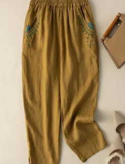 Outlet Women's Cotton Linen Pants Chinos Fashion Basic Full Length High Waist Floral Embroidered Comfort Outdoor Micro-elastic Vacation Street Daily White Yellow Apricot Coffee Summer Spring Fall Regular Fit Women Pants
