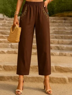 Outlet Women's Cotton Linen Pants Chinos Fashion Basic Full Length High Waist Floral Embroidered Comfort Outdoor Micro-elastic Vacation Street Daily White Yellow Apricot Coffee Summer Spring Fall Regular Fit Women Pants