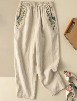 Outlet Women's Cotton Linen Pants Chinos Fashion Basic Full Length High Waist Floral Embroidered Comfort Outdoor Micro-elastic Vacation Street Daily White Yellow Apricot Coffee Summer Spring Fall Regular Fit Women Pants