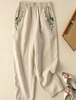Outlet Women's Cotton Linen Pants Chinos Fashion Basic Full Length High Waist Floral Embroidered Comfort Outdoor Micro-elastic Vacation Street Daily White Yellow Apricot Coffee Summer Spring Fall Regular Fit Women Pants