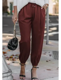 Sale Women's Cotton Linen Pants Pants Trousers Fashion Ankle-Length Shamrock Drawstring Side Pockets Breathability Comfortable Inelastic Casual Daily Black White Red Burgundy Spring & Summer Regular Fit Women Pants