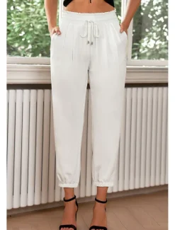 Sale Women's Cotton Linen Pants Pants Trousers Fashion Ankle-Length Shamrock Drawstring Side Pockets Breathability Comfortable Inelastic Casual Daily Black White Red Burgundy Spring & Summer Regular Fit Women Pants