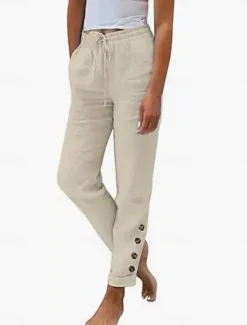 Discount Women's Cotton Linen Pants Chinos Vacation Vintage Fashion Full Length High Waist Plain Pocket Elastic Waistband Comfy Soft Comfortable Micro-elastic Outdoor Street Black White Light Green Red Spring Women Pants