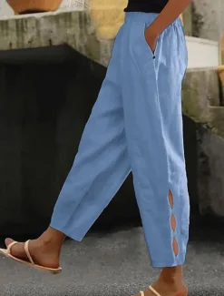 Women's Cotton Linen Pants Chinos Fashion Streetwear Ankle-Length High Waist Plain Pocket Elastic Waistband Comfy Soft Comfortable Micro-elastic Outdoor Street dark brown Deep Green Wine Robin's Egg Women Pants