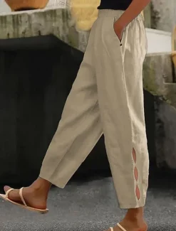 Women's Cotton Linen Pants Chinos Fashion Streetwear Ankle-Length High Waist Plain Pocket Elastic Waistband Comfy Soft Comfortable Micro-elastic Outdoor Street dark brown Deep Green Wine Robin's Egg Women Pants