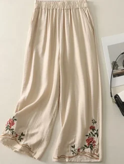 Women's Cotton Linen Pants Chinos Ethnic Style Basic Casual Full Length High Waist Floral Embroidered Pocket Elastic Waist Comfort Outdoor Micro-elastic Vacation Street Daily Khaki Beige Summer Women Pants