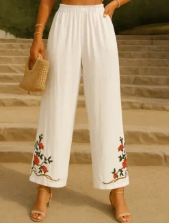 Women's Cotton Linen Pants Chinos Ethnic Style Basic Casual Full Length High Waist Floral Embroidered Pocket Elastic Waist Comfort Outdoor Micro-elastic Vacation Street Daily Khaki Beige Summer Women Pants