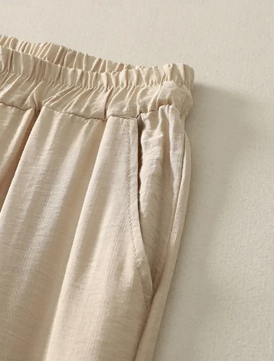 Women's Cotton Linen Pants Chinos Ethnic Style Basic Casual Full Length High Waist Floral Embroidered Pocket Elastic Waist Comfort Outdoor Micro-elastic Vacation Street Daily Khaki Beige Summer Women Pants