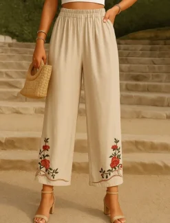 Women's Cotton Linen Pants Chinos Ethnic Style Basic Casual Full Length High Waist Floral Embroidered Pocket Elastic Waist Comfort Outdoor Micro-elastic Vacation Street Daily Khaki Beige Summer Women Pants