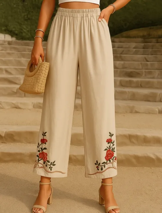 Women's Cotton Linen Pants Chinos Ethnic Style Basic Casual Full Length High Waist Floral Embroidered Pocket Elastic Waist Comfort Outdoor Micro-elastic Vacation Street Daily Khaki Beige Summer Women Pants