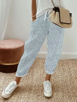 Discount Women's Cotton Linen Pants Baggy Pants Stylish Casual Daily Full Length Natural Striped Lines / Waves Pocket Drawstring Baggy Breathability Comfortable Inelastic Casual Daily Wear White Dark Women Pants
