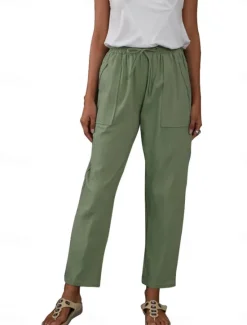 Discount Women's Cotton Linen Pants Chinos Classic Style Full Length High Waist Plain Pocket Elastic Waistband Comfy Soft Comfortable Micro-elastic Outdoor Street Purple Green Summer Spring Regular Fit Women Pants