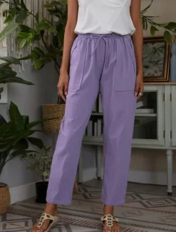 Discount Women's Cotton Linen Pants Chinos Classic Style Full Length High Waist Plain Pocket Elastic Waistband Comfy Soft Comfortable Micro-elastic Outdoor Street Purple Green Summer Spring Regular Fit Women Pants