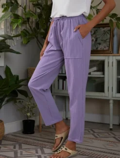 Discount Women's Cotton Linen Pants Chinos Classic Style Full Length High Waist Plain Pocket Elastic Waistband Comfy Soft Comfortable Micro-elastic Outdoor Street Purple Green Summer Spring Regular Fit Women Pants