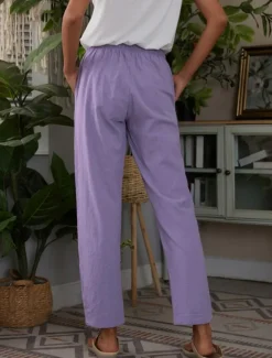 Discount Women's Cotton Linen Pants Chinos Classic Style Full Length High Waist Plain Pocket Elastic Waistband Comfy Soft Comfortable Micro-elastic Outdoor Street Purple Green Summer Spring Regular Fit Women Pants