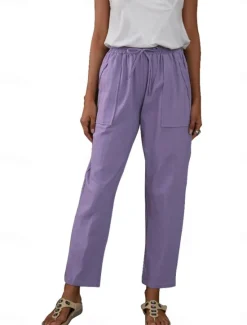 Discount Women's Cotton Linen Pants Chinos Classic Style Full Length High Waist Plain Pocket Elastic Waistband Comfy Soft Comfortable Micro-elastic Outdoor Street Purple Green Summer Spring Regular Fit Women Pants