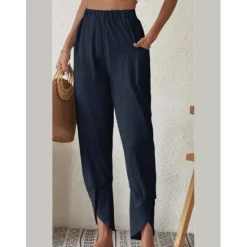 Sale Women's Cotton Linen Pants Pants Trousers Casual Daily Ankle-Length Plain Side Pockets Elastic Waistband Breathability Comfortable Inelastic Weekend Black White Wine Dark navy Spring & Summer Regular Women Pants