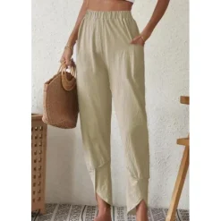 Sale Women's Cotton Linen Pants Pants Trousers Casual Daily Ankle-Length Plain Side Pockets Elastic Waistband Breathability Comfortable Inelastic Weekend Black White Wine Dark navy Spring & Summer Regular Women Pants