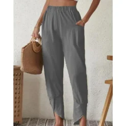 Sale Women's Cotton Linen Pants Pants Trousers Casual Daily Ankle-Length Plain Side Pockets Elastic Waistband Breathability Comfortable Inelastic Weekend Black White Wine Dark navy Spring & Summer Regular Women Pants