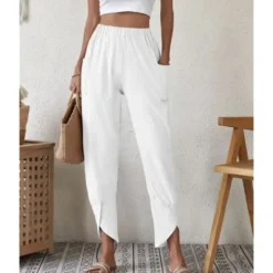 Sale Women's Cotton Linen Pants Pants Trousers Casual Daily Ankle-Length Plain Side Pockets Elastic Waistband Breathability Comfortable Inelastic Weekend Black White Wine Dark navy Spring & Summer Regular Women Pants