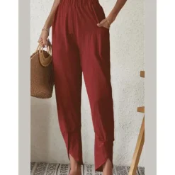 Sale Women's Cotton Linen Pants Pants Trousers Casual Daily Ankle-Length Plain Side Pockets Elastic Waistband Breathability Comfortable Inelastic Weekend Black White Wine Dark navy Spring & Summer Regular Women Pants