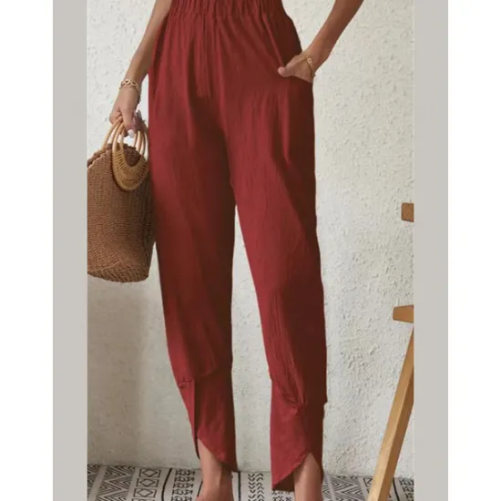 Sale Women's Cotton Linen Pants Pants Trousers Casual Daily Ankle-Length Plain Side Pockets Elastic Waistband Breathability Comfortable Inelastic Weekend Black White Wine Dark navy Spring & Summer Regular Women Pants