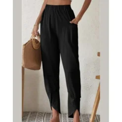 Sale Women's Cotton Linen Pants Pants Trousers Casual Daily Ankle-Length Plain Side Pockets Elastic Waistband Breathability Comfortable Inelastic Weekend Black White Wine Dark navy Spring & Summer Regular Women Pants