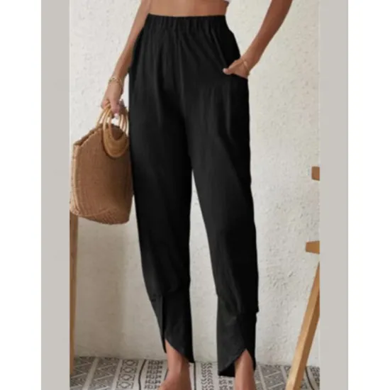 Sale Women's Cotton Linen Pants Pants Trousers Casual Daily Ankle-Length Plain Side Pockets Elastic Waistband Breathability Comfortable Inelastic Weekend Black White Wine Dark navy Spring & Summer Regular Women Pants