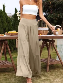 New Women's Cotton Linen Pants Wide Leg Chinos Basic Casual Full Length High Waist Plain Elastic Waistband Comfy Soft Comfortable Stretchy Outdoor Street Black White Blue Light Purple Summer Spring Women Pants