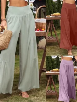 New Women's Cotton Linen Pants Wide Leg Chinos Basic Casual Full Length High Waist Plain Elastic Waistband Comfy Soft Comfortable Stretchy Outdoor Street Black White Blue Light Purple Summer Spring Women Pants