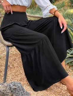 New Women's Cotton Linen Pants Wide Leg Chinos Basic Casual Full Length High Waist Plain Elastic Waistband Comfy Soft Comfortable Stretchy Outdoor Street Black White Blue Light Purple Summer Spring Women Pants
