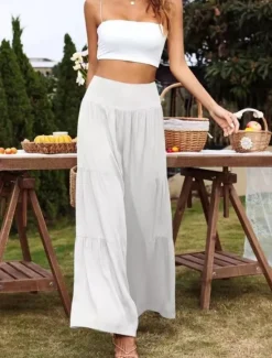 New Women's Cotton Linen Pants Wide Leg Chinos Basic Casual Full Length High Waist Plain Elastic Waistband Comfy Soft Comfortable Stretchy Outdoor Street Black White Blue Light Purple Summer Spring Women Pants