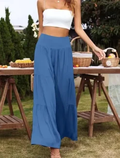 New Women's Cotton Linen Pants Wide Leg Chinos Basic Casual Full Length High Waist Plain Elastic Waistband Comfy Soft Comfortable Stretchy Outdoor Street Black White Blue Light Purple Summer Spring Women Pants