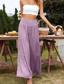 New Women's Cotton Linen Pants Wide Leg Chinos Basic Casual Full Length High Waist Plain Elastic Waistband Comfy Soft Comfortable Stretchy Outdoor Street Black White Blue Light Purple Summer Spring Women Pants
