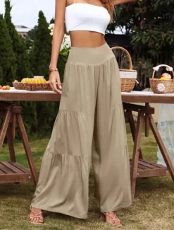 New Women's Cotton Linen Pants Wide Leg Chinos Basic Casual Full Length High Waist Plain Elastic Waistband Comfy Soft Comfortable Stretchy Outdoor Street Black White Blue Light Purple Summer Spring Women Pants