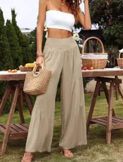 New Women's Cotton Linen Pants Wide Leg Chinos Basic Casual Full Length High Waist Plain Elastic Waistband Comfy Soft Comfortable Stretchy Outdoor Street Black White Blue Light Purple Summer Spring Women Pants