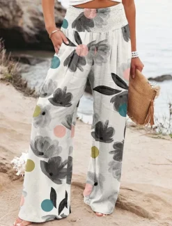 Sale Women's Cotton Linen Pants Wide Leg Chinos Vacation Fashion Casual Full Length High Waist Floral Pocket Elastic Waistband Print Comfy Soft Comfortable Micro-elastic Outdoor Vacation Street Black Pink Women Pants