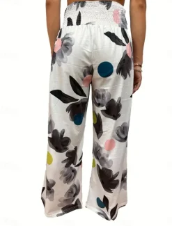 Sale Women's Cotton Linen Pants Wide Leg Chinos Vacation Fashion Casual Full Length High Waist Floral Pocket Elastic Waistband Print Comfy Soft Comfortable Micro-elastic Outdoor Vacation Street Black Pink Women Pants