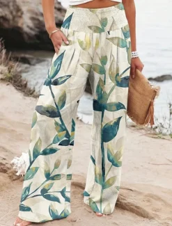 Sale Women's Cotton Linen Pants Wide Leg Chinos Vacation Fashion Casual Full Length High Waist Floral Pocket Elastic Waistband Print Comfy Soft Comfortable Micro-elastic Outdoor Vacation Street Black Pink Women Pants
