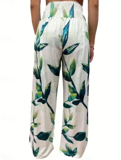 Sale Women's Cotton Linen Pants Wide Leg Chinos Vacation Fashion Casual Full Length High Waist Floral Pocket Elastic Waistband Print Comfy Soft Comfortable Micro-elastic Outdoor Vacation Street Black Pink Women Pants
