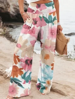 Sale Women's Cotton Linen Pants Wide Leg Chinos Vacation Fashion Casual Full Length High Waist Floral Pocket Elastic Waistband Print Comfy Soft Comfortable Micro-elastic Outdoor Vacation Street Black Pink Women Pants