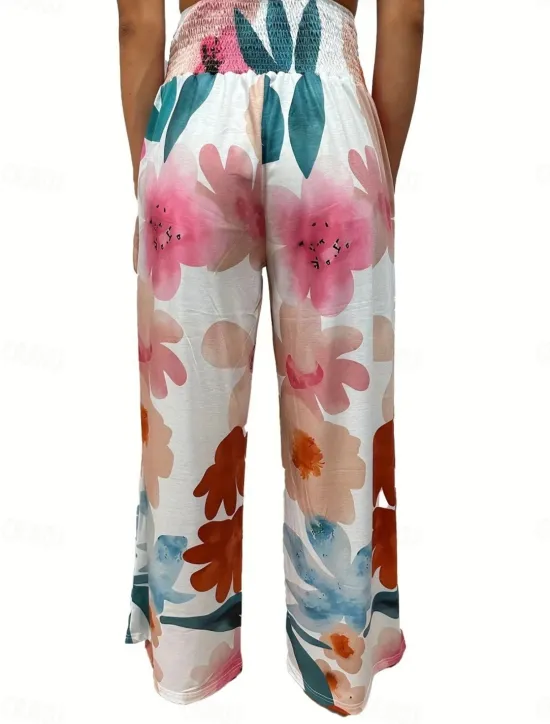 Sale Women's Cotton Linen Pants Wide Leg Chinos Vacation Fashion Casual Full Length High Waist Floral Pocket Elastic Waistband Print Comfy Soft Comfortable Micro-elastic Outdoor Vacation Street Black Pink Women Pants