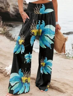 Sale Women's Cotton Linen Pants Wide Leg Chinos Vacation Fashion Casual Full Length High Waist Floral Pocket Elastic Waistband Print Comfy Soft Comfortable Micro-elastic Outdoor Vacation Street Black Pink Women Pants