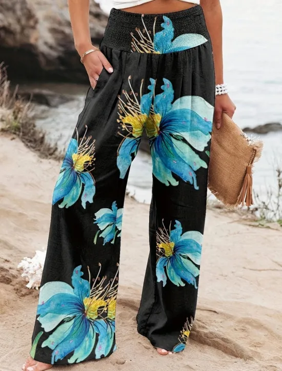 Sale Women's Cotton Linen Pants Wide Leg Chinos Vacation Fashion Casual Full Length High Waist Floral Pocket Elastic Waistband Print Comfy Soft Comfortable Micro-elastic Outdoor Vacation Street Black Pink Women Pants
