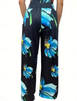 Sale Women's Cotton Linen Pants Wide Leg Chinos Vacation Fashion Casual Full Length High Waist Floral Pocket Elastic Waistband Print Comfy Soft Comfortable Micro-elastic Outdoor Vacation Street Black Pink Women Pants