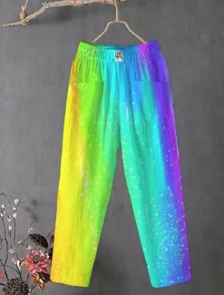Sale Women's Cotton Linen Pants Slacks Baggy Pants Comfort Chino Ankle-Length Medium Waist Colorful Pocket Baggy Print Breathability Micro-elastic Outdoor Daily Rainbow Rainbow Rainbow Multi Color All Women Pants