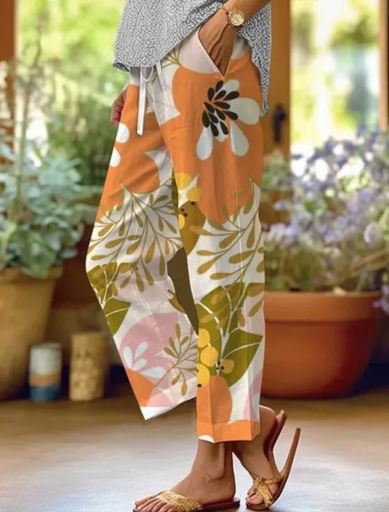 Clearance Women's Cotton Linen Pants Baggy Pants Linen Like Fashion Streetwear Full Length High Waist Graphic Lattice Printing Thermal Warm Breathable Soft Micro-elastic Outdoor Daily Women Leggings