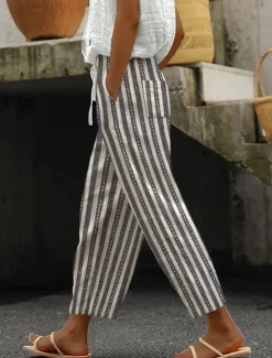 Sale Women's Cotton Linen Pants Pants Trousers Casual Daily Ankle-Length Graphic Striped Drawstring Side Pockets Breathability Comfortable Micro-elastic Weekend Royal Blue Blue Sky Blue Dark Blue Spring Women Pants